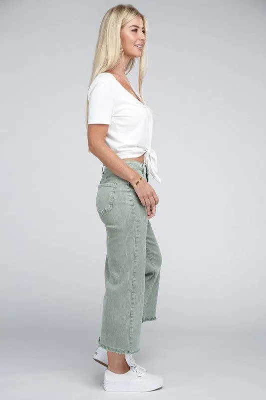 Acid Washed High Waist Frayed Hem Straight Pants Jeans