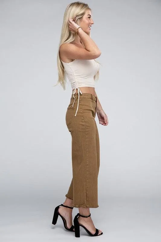 Acid Washed High Waist Frayed Hem Straight Pants Jeans