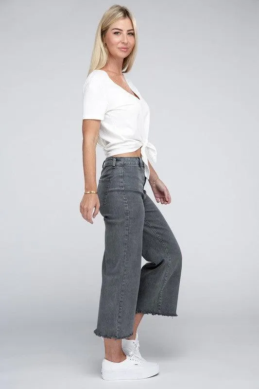 Acid Washed High Waist Frayed Hem Straight Pants Jeans