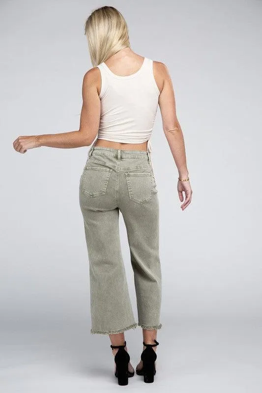 Acid Washed High Waist Frayed Hem Straight Pants Jeans