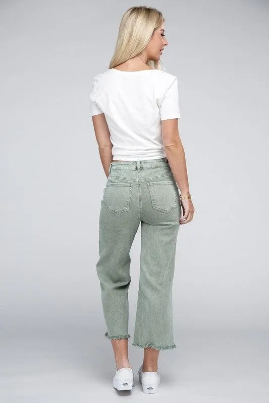 Acid Washed High Waist Frayed Hem Straight Pants Jeans