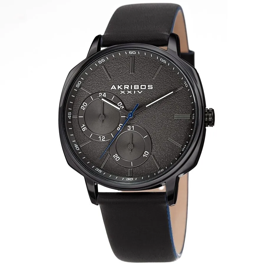 Akribos Xxiv Quartz Grey Dial Black Leather Men's Watch AK1022BK