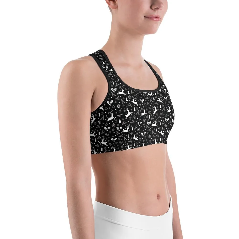 Black Reindeer Christmas Sports Bra