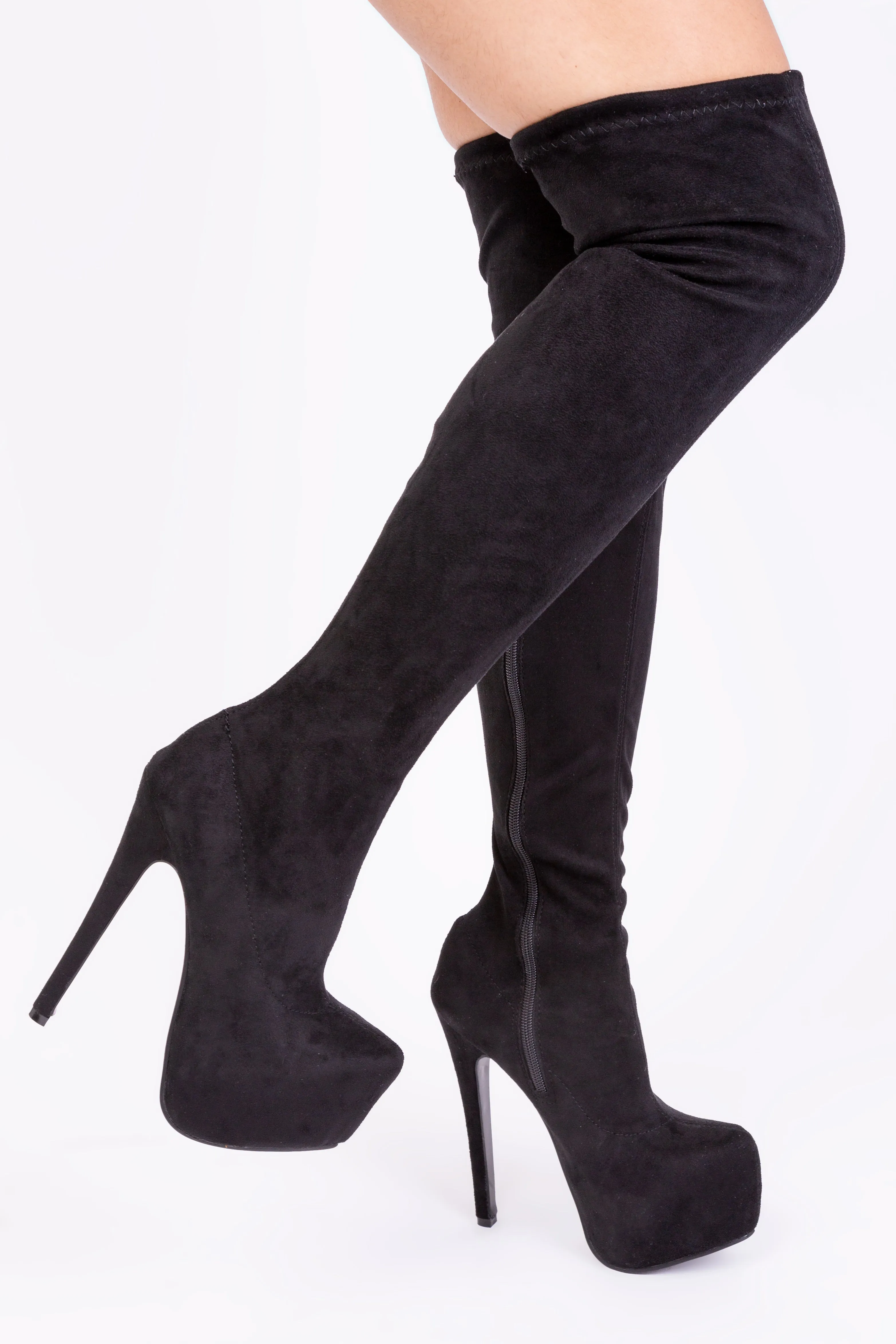 BRINLEY HIGH HEEL OVER THE KNEE BOOTS IN BLACK SUEDE