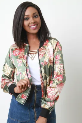 Charmeuse Floral Zip Accent Bomber Jacket