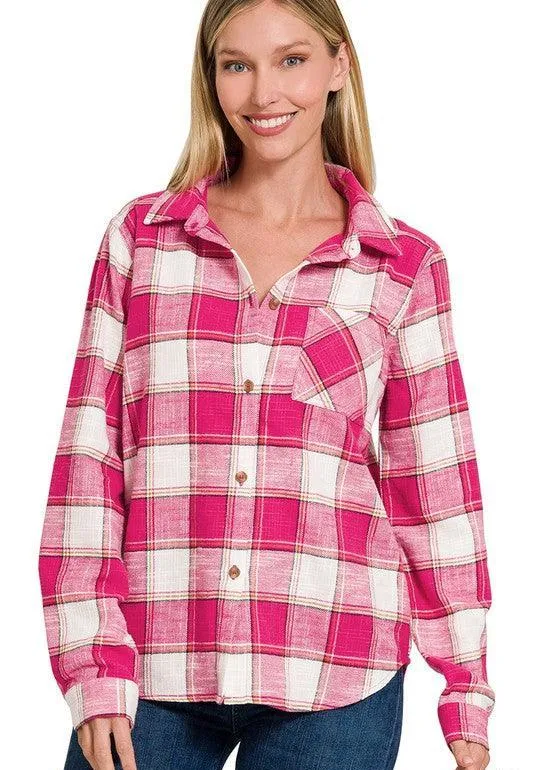 Cotton Plaid Shacket With Front Pocket