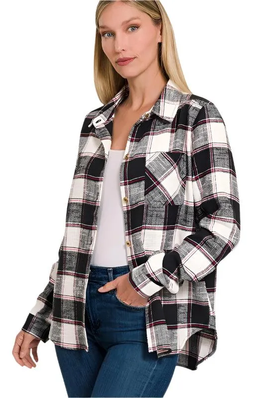 Cotton Plaid Shacket With Front Pocket