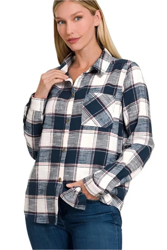 Cotton Plaid Shacket With Front Pocket