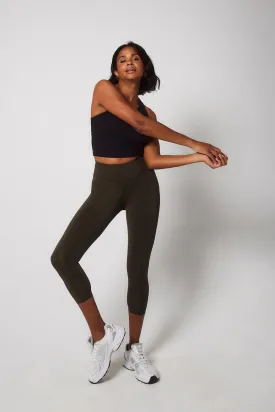 Focus Cropped High Waisted Sports Leggings - Olive Green