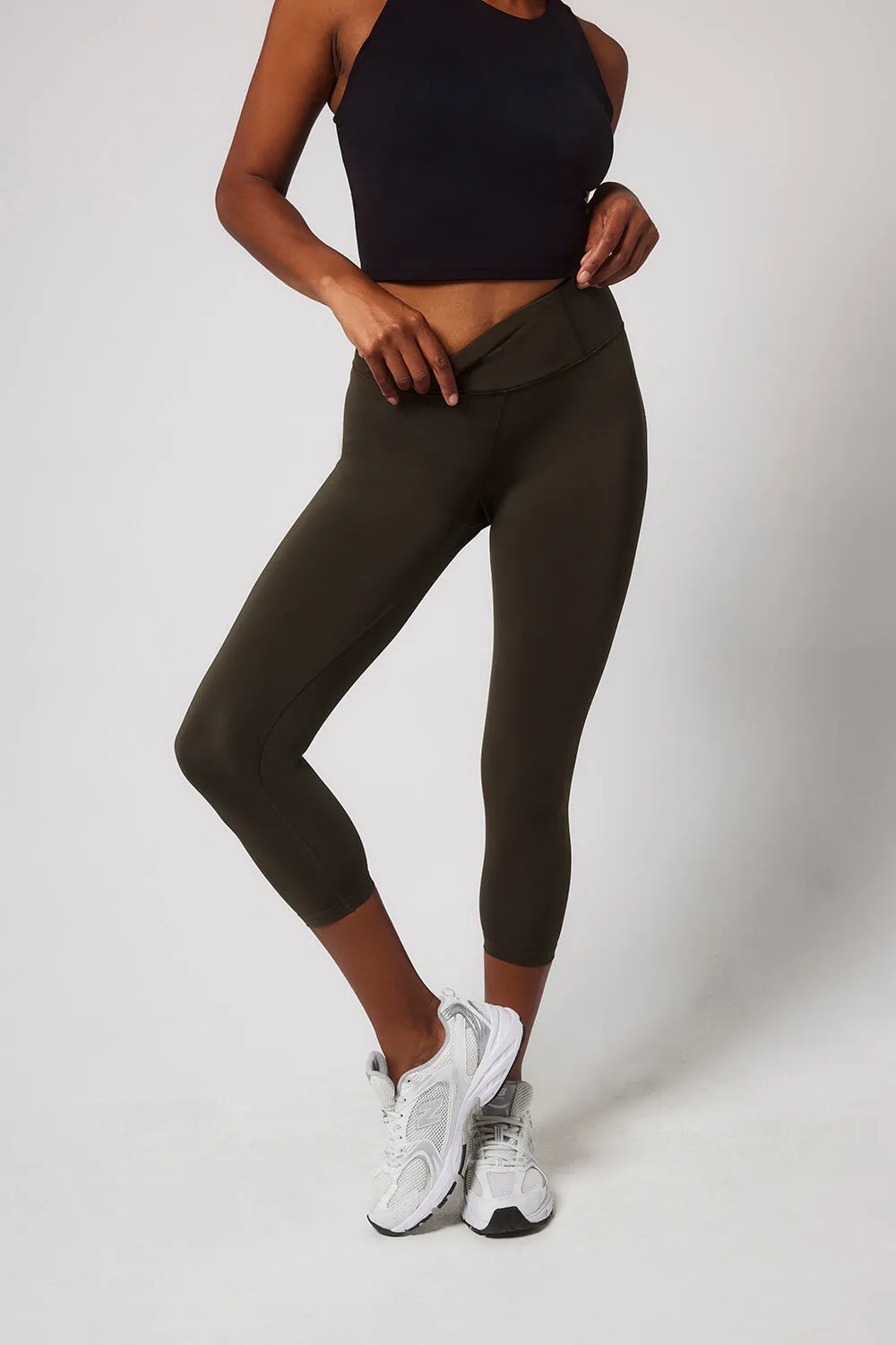 Focus Cropped High Waisted Sports Leggings - Olive Green