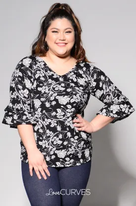 Layered Ruffle Sleeves V-Neck Top - Black Florals - REE