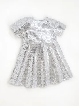 Party wear Grey Cotton Blend and Half Sleeves with Zipper Closure Fit & Flared Sequin Dress For Girls