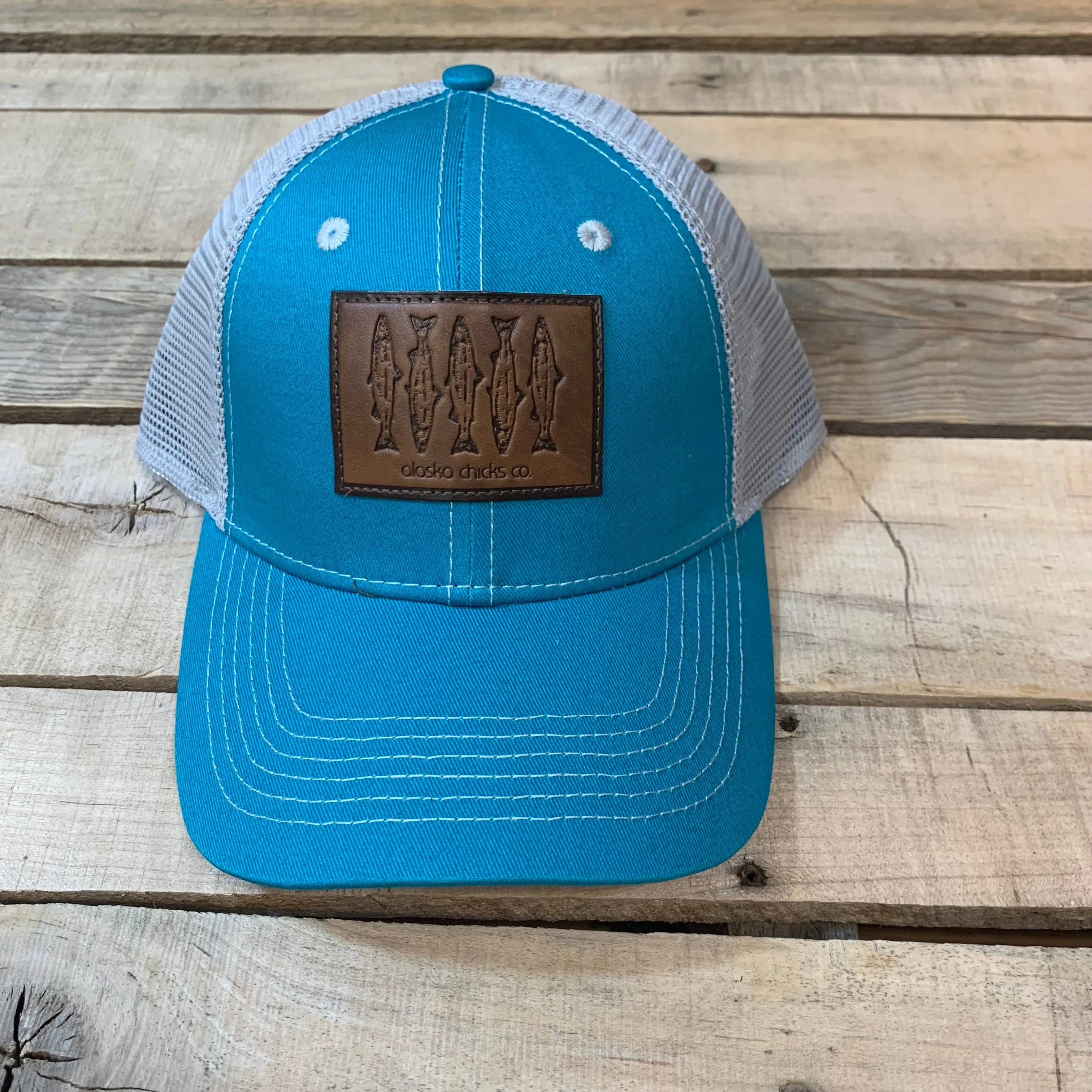 Salmon Sketch Trucker Hat - Leather Patch