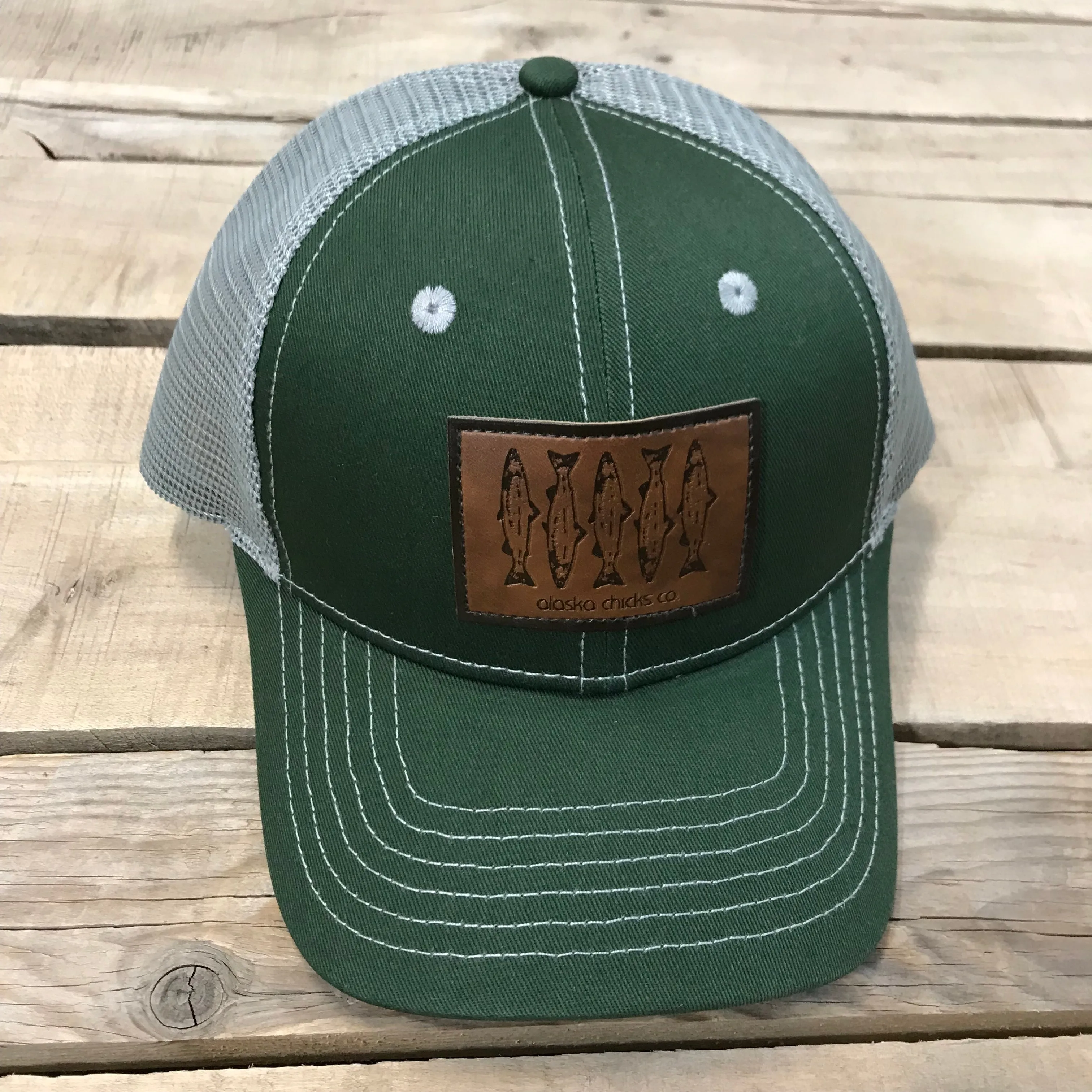 Salmon Sketch Trucker Hat - Leather Patch