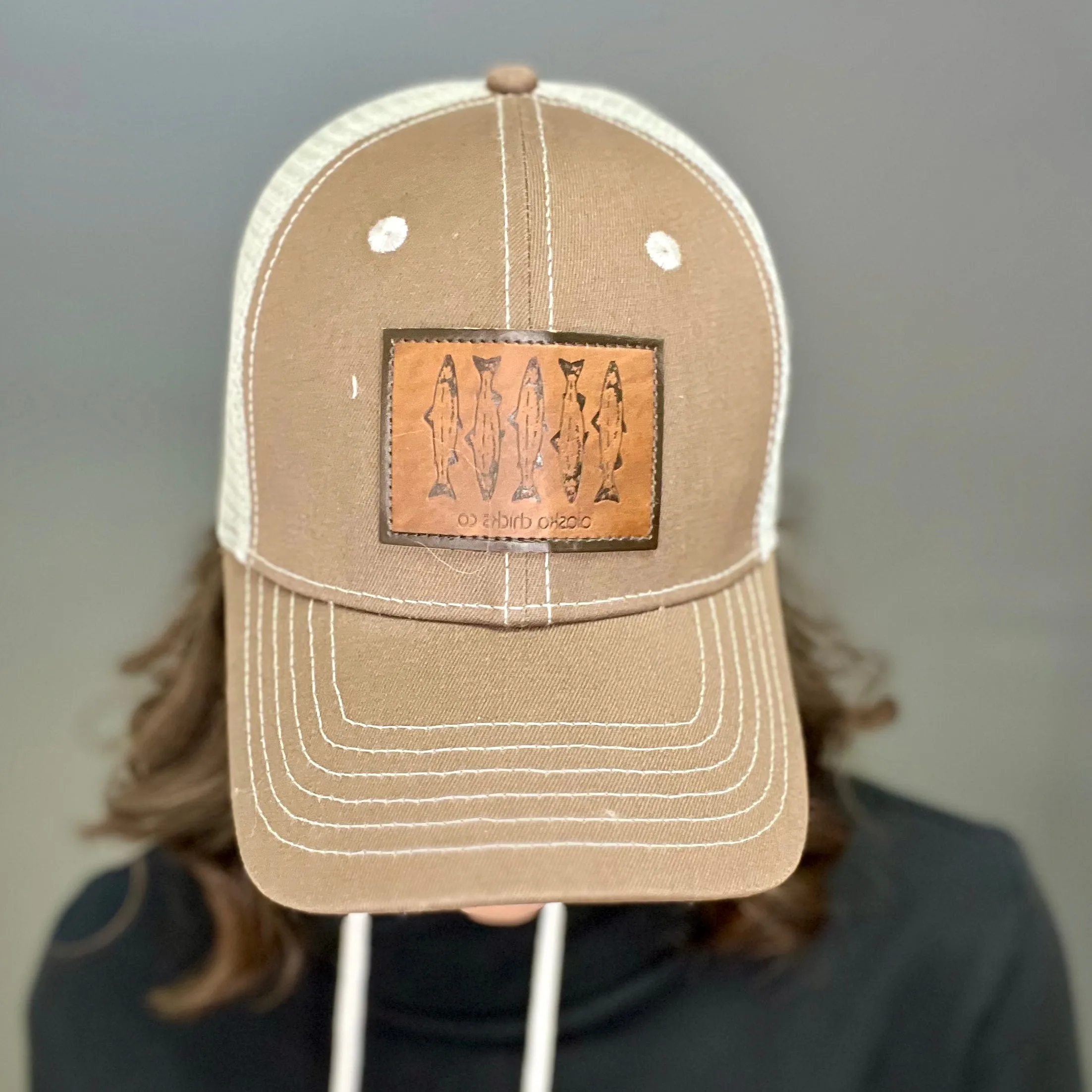 Salmon Sketch Trucker Hat - Leather Patch