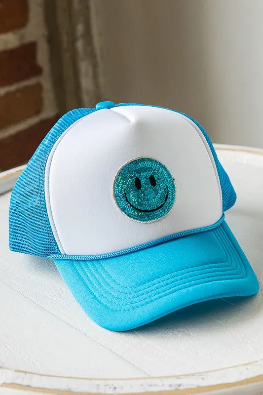 SUMMER SMILEY FACE PATCH TWO TONE TRUCKER HAT